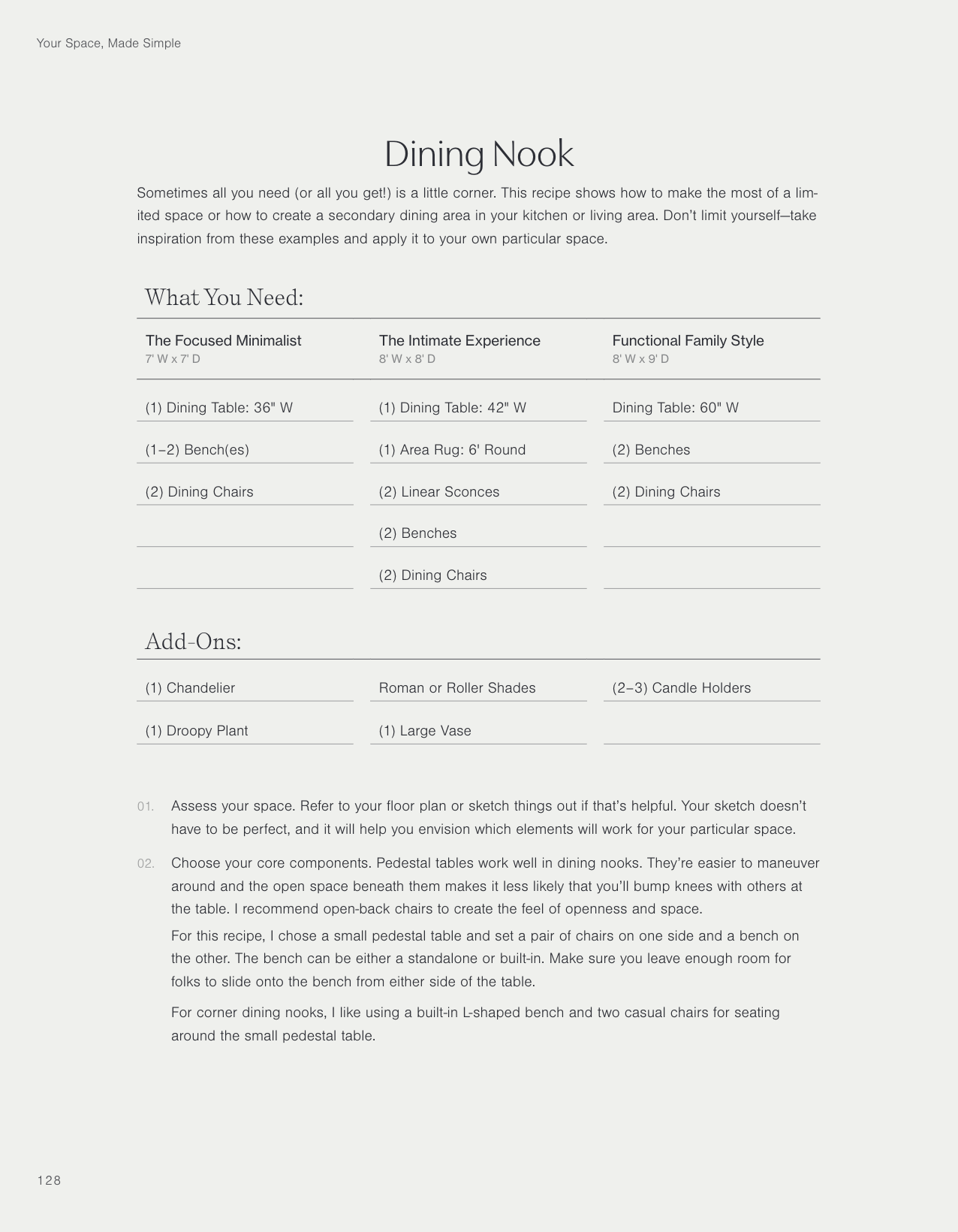 page from your space made simple discussing dining nook layouts