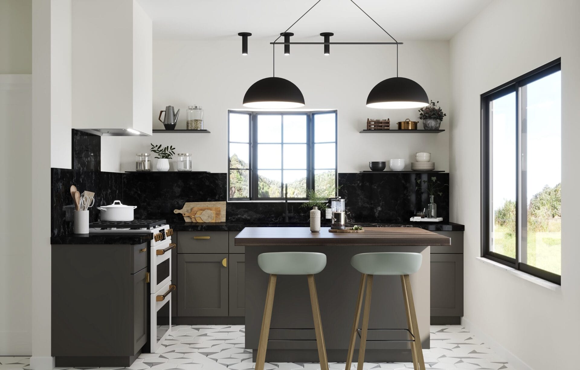 Beautifully styled kitchen corner featuring earthy tones, natural wood cabinetry, open shelving, and thoughtful decor—an example of the Corner Method in interior design by Ariel Arts.