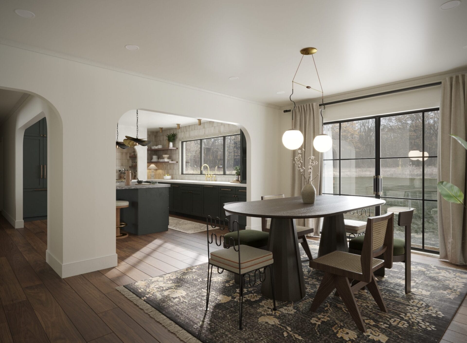 Moody yet grounded dining and kitchen interior with natural light, arched doorways, and earthy textures — designed for a healing, intentional home.