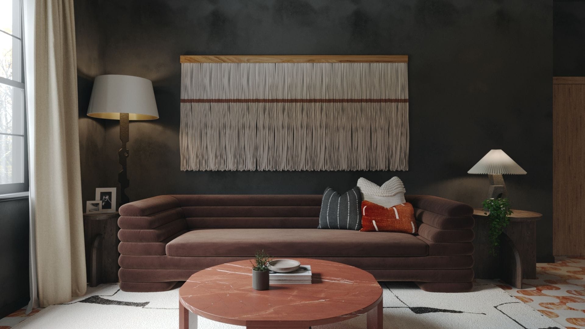 Moody modern living room with dark plaster walls, sculptural floor lamps, rust velvet sofa, and red marble coffee table designed by San Francisco interior designer Ariel Arts.