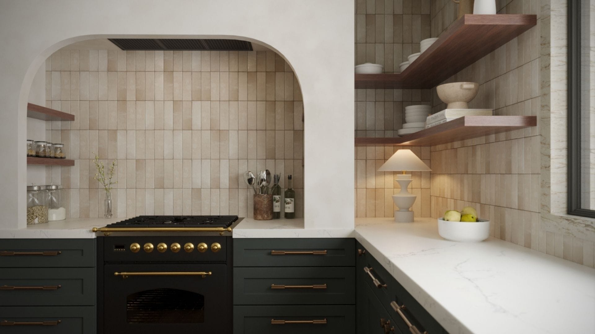 Close-up of a modern kitchen alcove with dark green cabinetry, brass range, open wood shelves, and neutral zellige tile backsplash designed by San Francisco interior designer Ariel Arts.