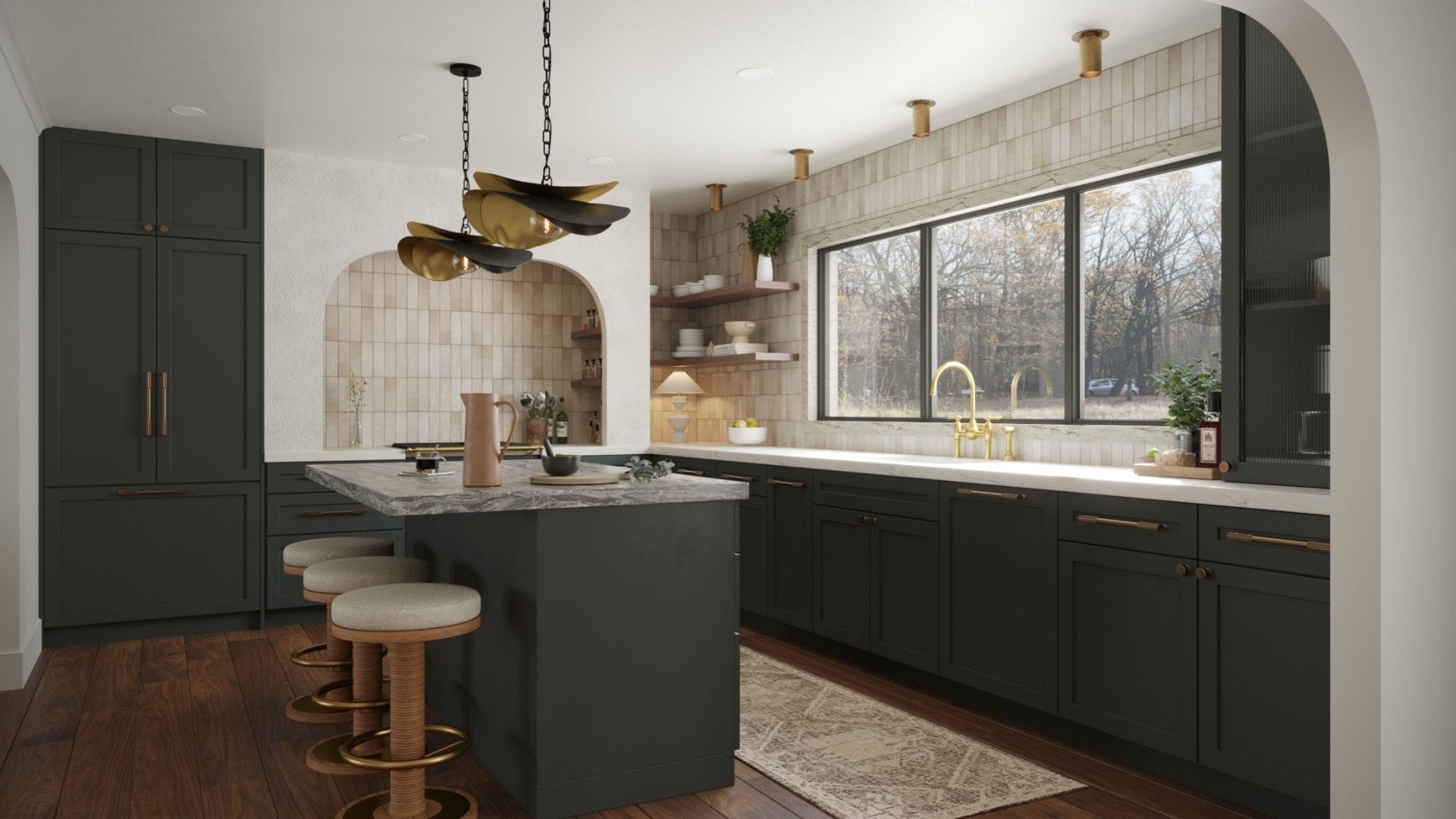 Sophisticated dark green kitchen with marble island, brass fixtures, and arched alcove shelving designed by San Francisco interior designer Ariel Arts.