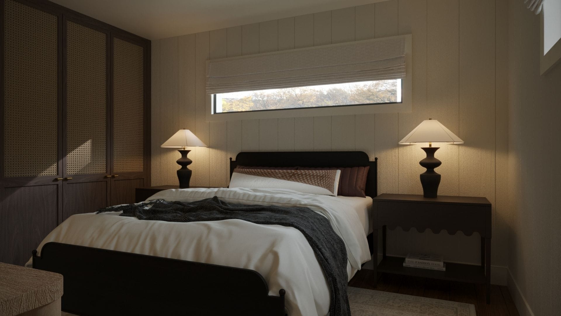 Warm, modern bedroom with dark wood bed frame, cane-paneled closets, and soft neutral linens designed by San Francisco interior designer Ariel Arts.