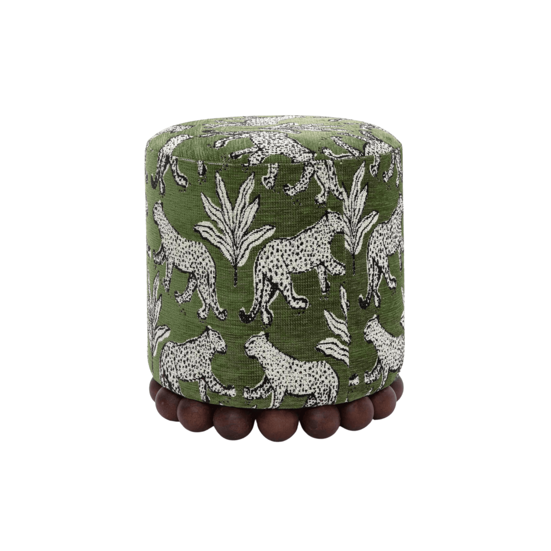 Green ottoman with botanical and leopard print upholstery and round wood base, styled by San Francisco interior designer Ariel Arts for a modern organic renovation.