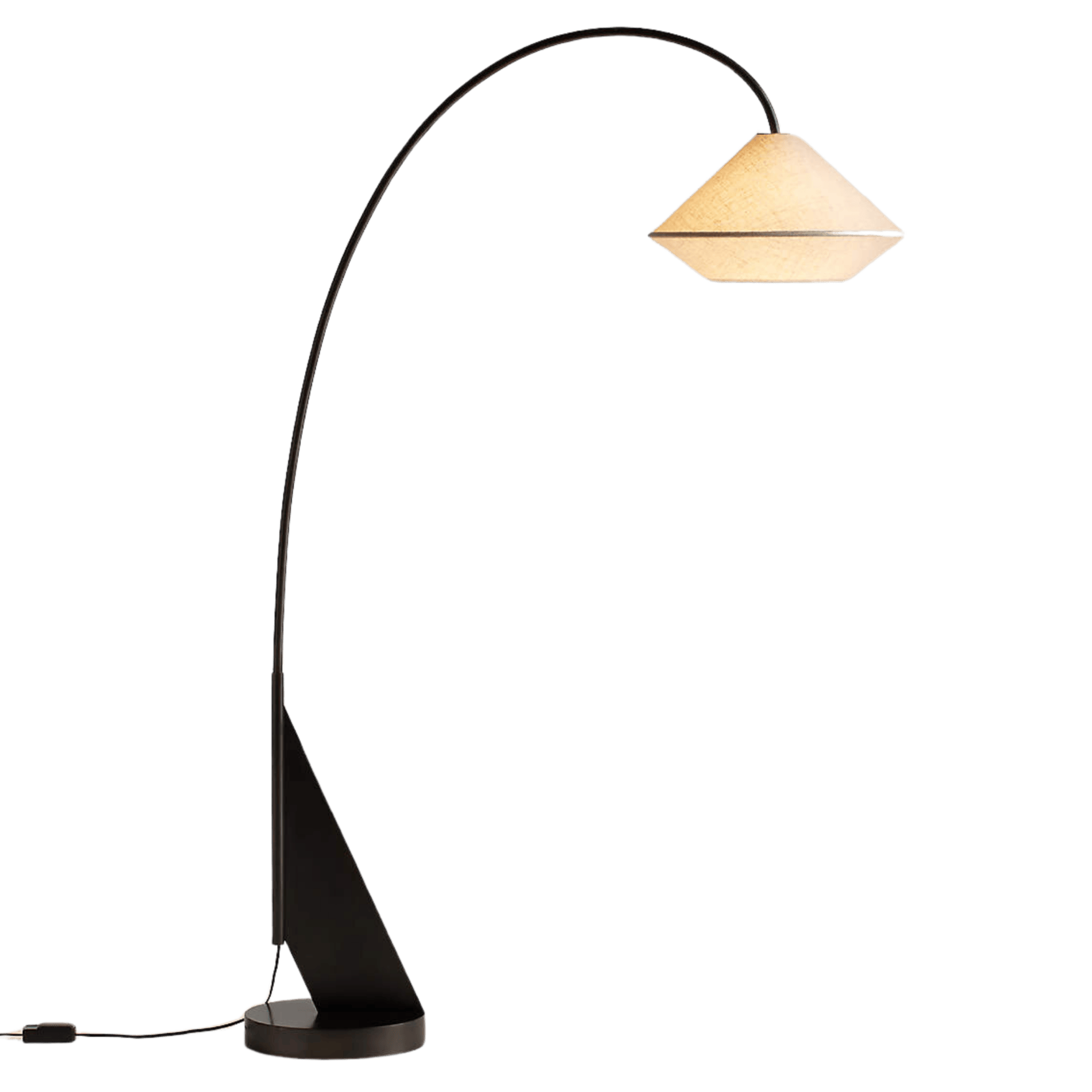 Sleek black arched floor lamp with cone-shaped linen shade, featured in a modern San Francisco renovation designed by Ariel Arts.