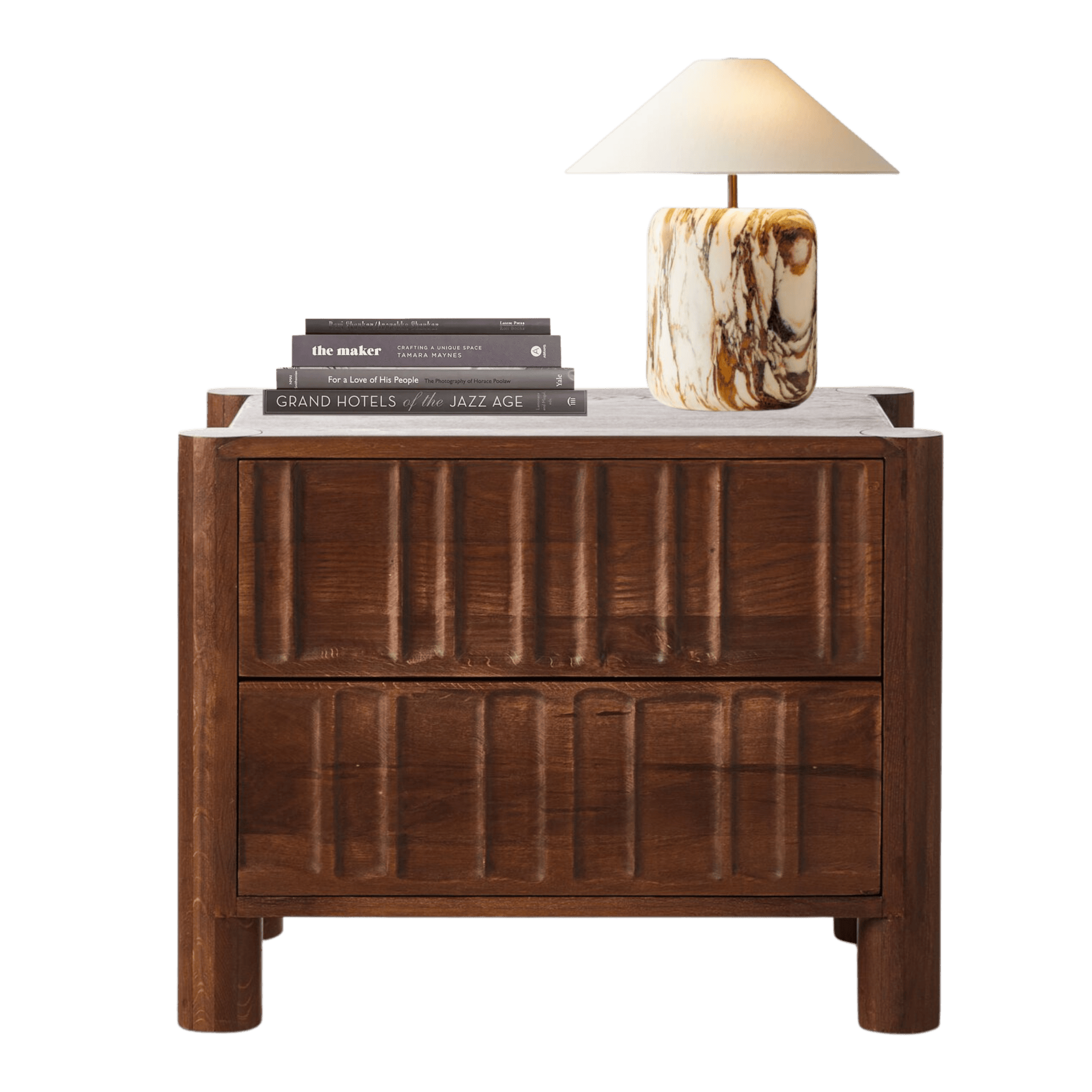 Textured dark wood nightstand styled with books and a sculptural marble lamp, designed by San Francisco interior designer Ariel Arts for a modern organic renovation.